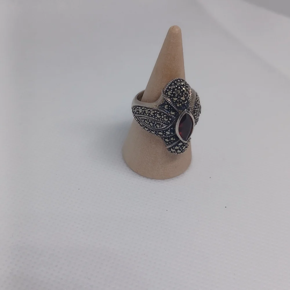 Vintage Sterling Judith Jack Red Garnet Marcasite Deco Statement Ring